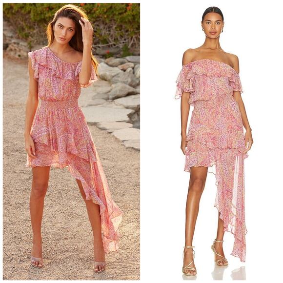 NWOT MISA Los Angeles Gisele Asymmetric Pink Off Shoulder Floral Dress $515 M - Picture 1 of 9